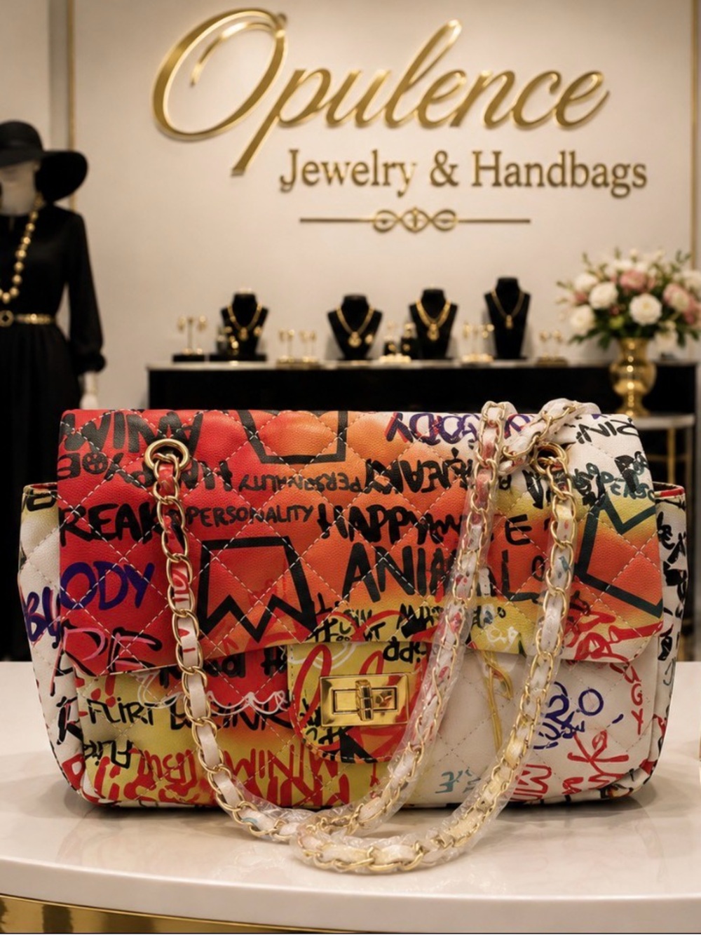 Graffiti Print Quilted Shoulder Bag